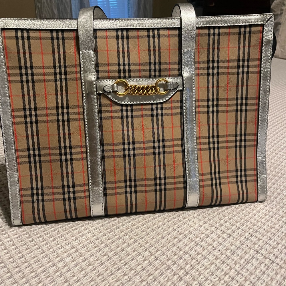 Authentic Burberry Beige Plaid Tote with Silver Trim
